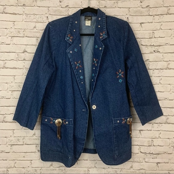 VINTAGE 80s Western Crackle Stone Embellished Denim Blazer Jacket Size 10 - Picture 5 of 12